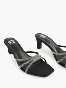 Where’s That From ABIA SQUARE TOE LOW BLOCK HEEL WITH DIAMANTE STRAP DETAIL - Black New Satin - View 3