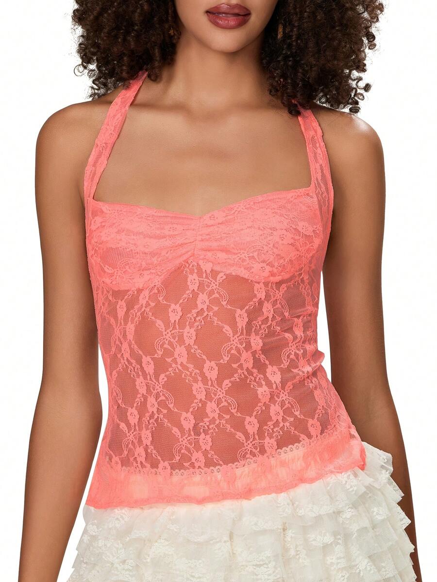 Women's Y2k Sheer Lace Halter Tank Tops Lace See Through Sleeveless Slim Fit Tops Backless  Tie Up Vest Tops Summer Going Out Crop Tops Clubwear - 亮橙色 - 查看 1