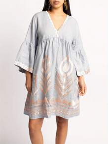 Cccoqdj Women's Embroidered Mini Dress Summer Nightgown 3/4 Sleeve V Neck Pattern Print Short Nightdress Boho Tunic Dress - 灰色 - 查看 7
