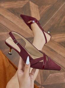尖头高跟鞋，新时尚奢华感漆皮性感包头高跟鞋，春季勃艮第天鹅绒低帮鞋，法式别致踝带凉鞋 - 酒紅色 - 查看 3