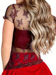 Women's Summer Lace Floral Tops Mesh Sheer Short Sleeve Mock Neck Slim Fit T-Shirt