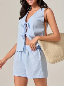Women's 2 Piece Striped Outfit, Deep V Neck Tie-Up Tank Tops Elastic Waist Shorts For Summer