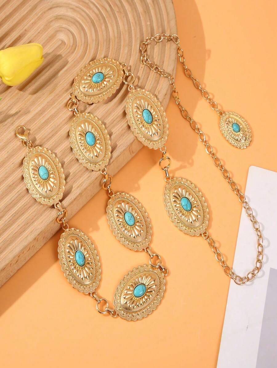 Rhinestone Decor Metal Waist Chain Belt, Decorative Waist Accessory For Dress - Gold - View 1