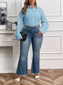 QIANZHIDU Elva 大码女装宽松休闲经典优雅舒适简约办公商务面试透气返校季春夏秋季衬衫情人节新年穿搭 - 藍色 - 查看 6