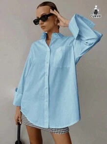 QIANZHIDU Elva 大码女装宽松休闲经典优雅舒适简约办公商务面试透气返校季春夏秋季衬衫情人节新年穿搭 - 藍色 - 查看 1