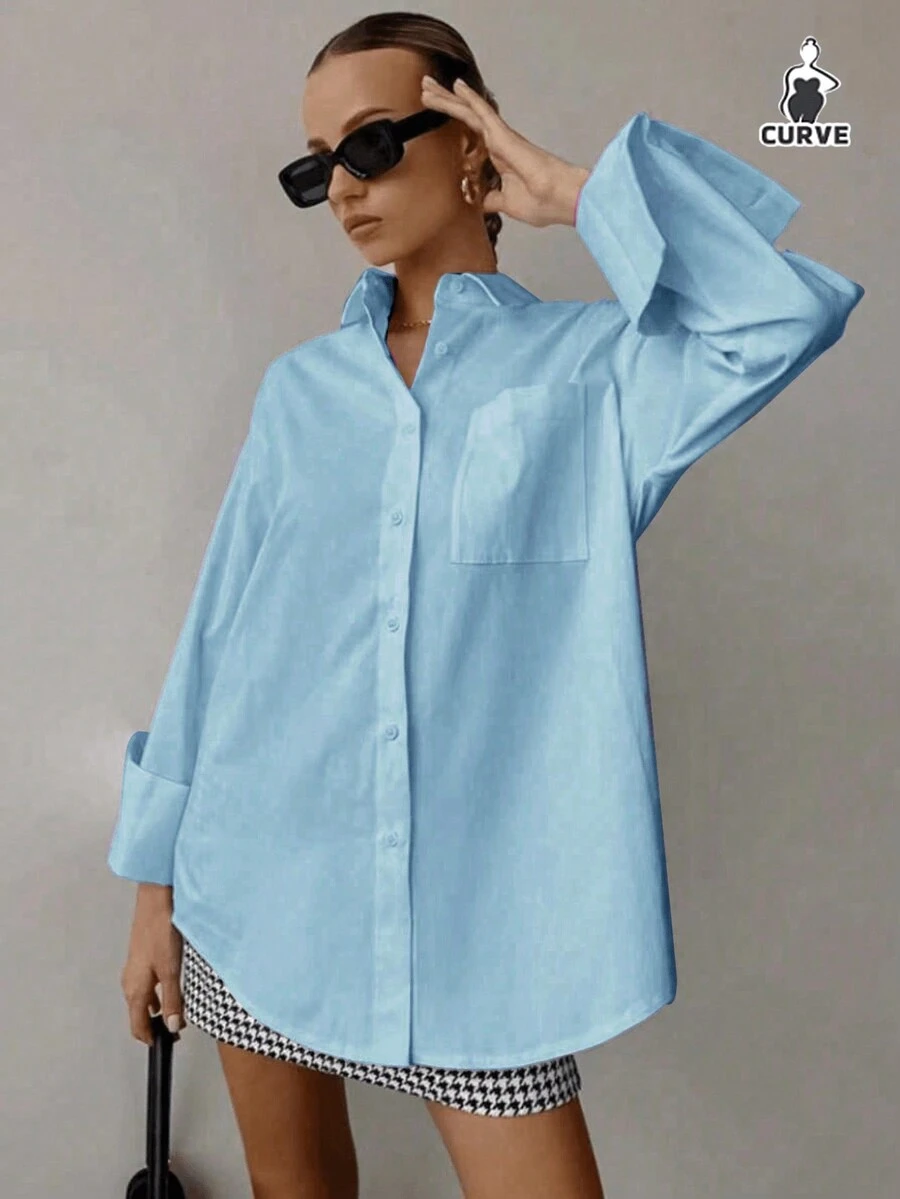 QIANZHIDU Elva 大码女装宽松休闲经典优雅舒适简约办公商务面试透气返校季春夏秋季衬衫情人节新年穿搭 - 藍色 - 查看 1