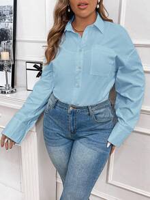 QIANZHIDU Elva 大码女装宽松休闲经典优雅舒适简约办公商务面试透气返校季春夏秋季衬衫情人节新年穿搭 - 藍色 - 查看 2