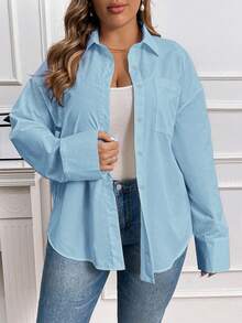 QIANZHIDU Elva 大码女装宽松休闲经典优雅舒适简约办公商务面试透气返校季春夏秋季衬衫情人节新年穿搭 - 藍色 - 查看 5