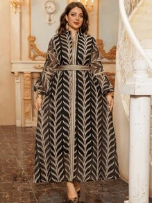 刺绣喇叭袖V领网纱连衣裙，优雅欧式/迪拜风格女装，端庄卡夫坦长袍，春季度假黑色 - 黑色 - 查看 3