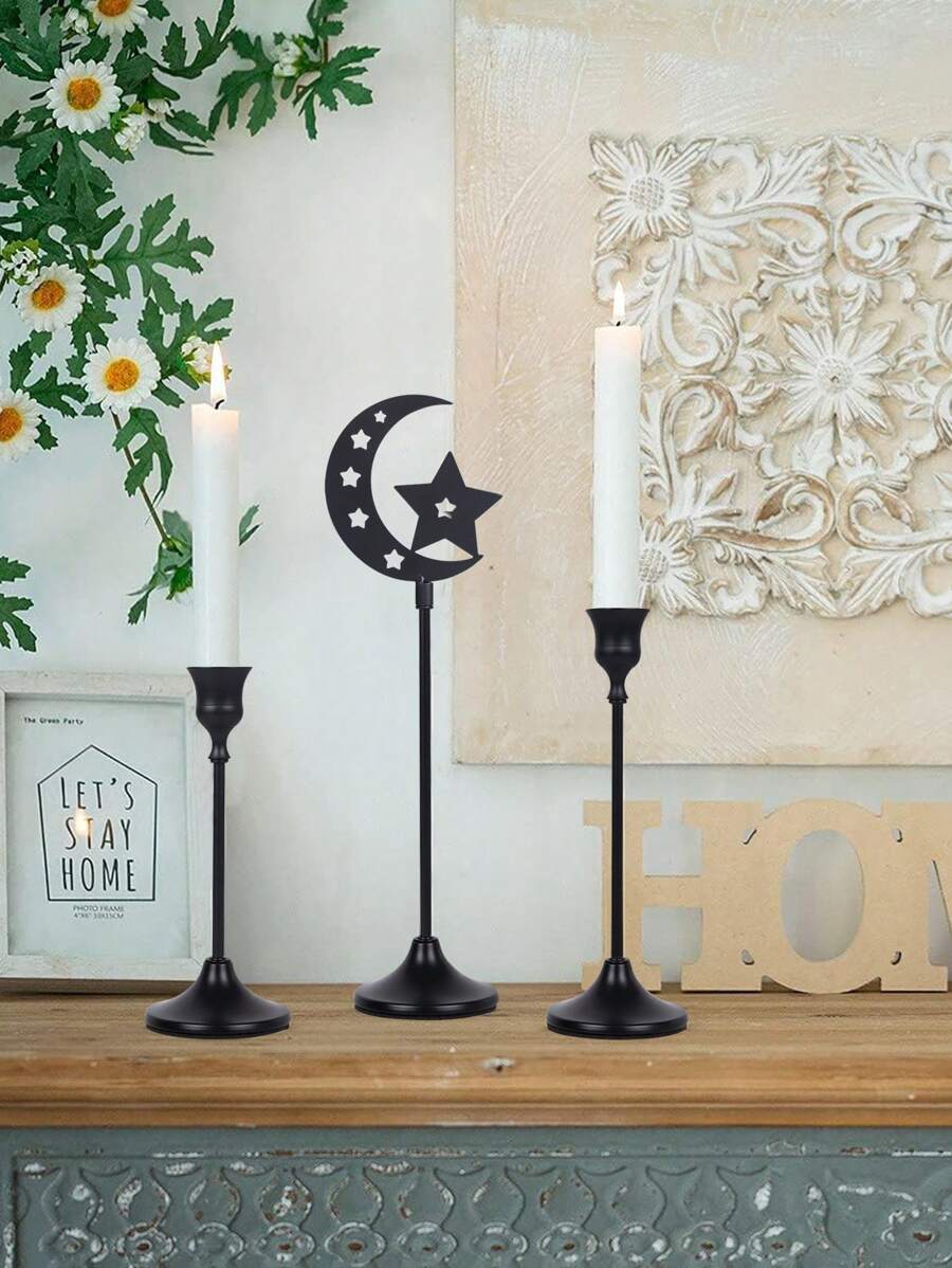 3pcs Metal Rama Candlestick Set - Polished Gold Finish, Suitable For Romantic Desktop Candlesticks For Weddings, Events, Parties, Birthdays, And Home Decors - Suitable For Halloween, Easter, Thanksgiving, Valentine's Day, Rama Gifts Star,Moon,Lantern Rama Graduation E-I-D