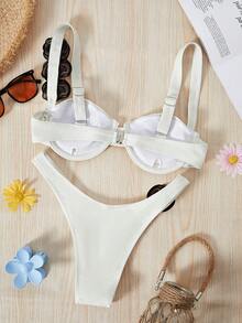 Bikinx 女款拼色鋼圈比基尼，3D花卉性感鏤空泳衣，適合夏季海灘度假 - 彩色 - 查看 3