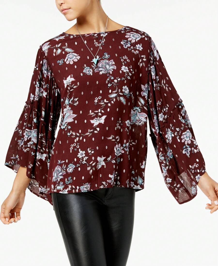 Gypsies Moondust Juniors Printed Ruffle Sleeve Top - Red - View 1