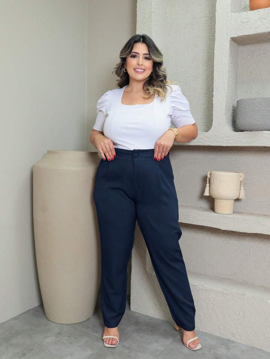 Plus Size Tailored Trousers With Button P To G3 - Azul Marino - Ver 1