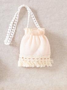 Young Girl Sleeveless Dress, Summer Dress With Sling Bag And Fringe Decor, Soft Fabric, Comfortable Material, Fit For Age 4-7 Years Old