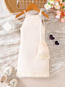 Young Girl Sleeveless Dress, Summer Dress With Sling Bag And Fringe Decor, Soft Fabric, Comfortable Material, Fit For Age 4-7 Years Old