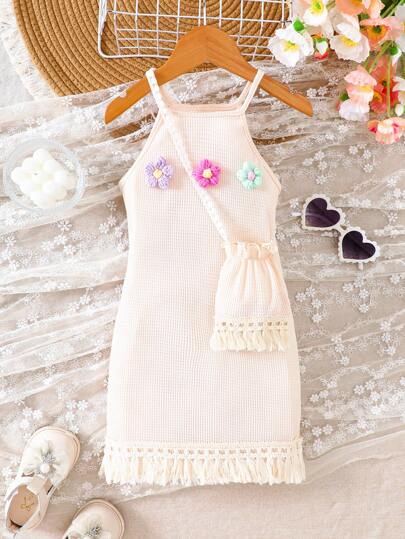 Young Girl Sleeveless Dress, Summer Dress With Sling Bag And Fringe Decor, Soft Fabric, Comfortable Material, Fit For Age 4-7 Years Old