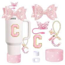 7 件套杯子配件套件，适用于 30 盎司和 40 盎司带手柄的杯子配件杯 - 包括吸管盖、硅胶靴、字母饰物、防溢塞和领结装饰 - 彩色 - 查看 6