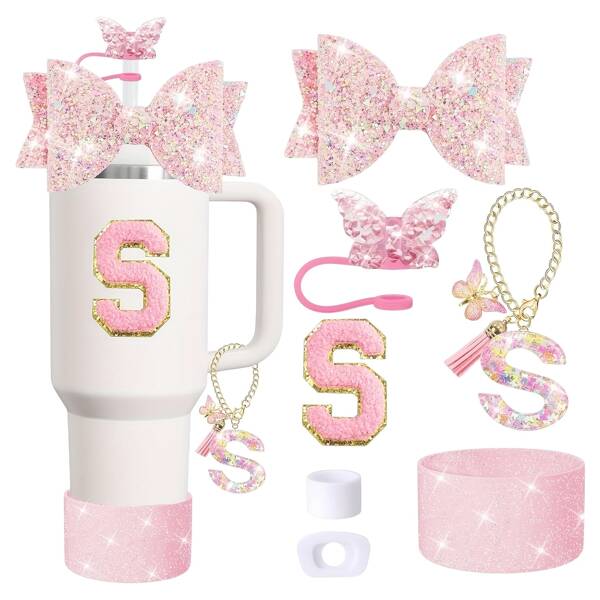 Kit de acessórios para copos de 7 peças para copos de 30 oz e 40 oz, copos com alças - inclui tampas de canudo, botas de silicone, pingentes de letras, tampa antiderramamento e decorações de gravata borboleta