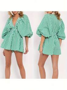 Women Deep V-Neck Rompers Solid Color/Plaid Bubble Sleeve Summer Short Jumpsuits Playsuits Streetwear - 綠色 - 查看 2