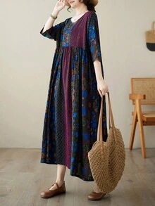 Women's Plus-Size Dress, Arabic Everyday Wear, Striped Print Dress, Summer Round Neck Sleeveless Casual Dress, Modest