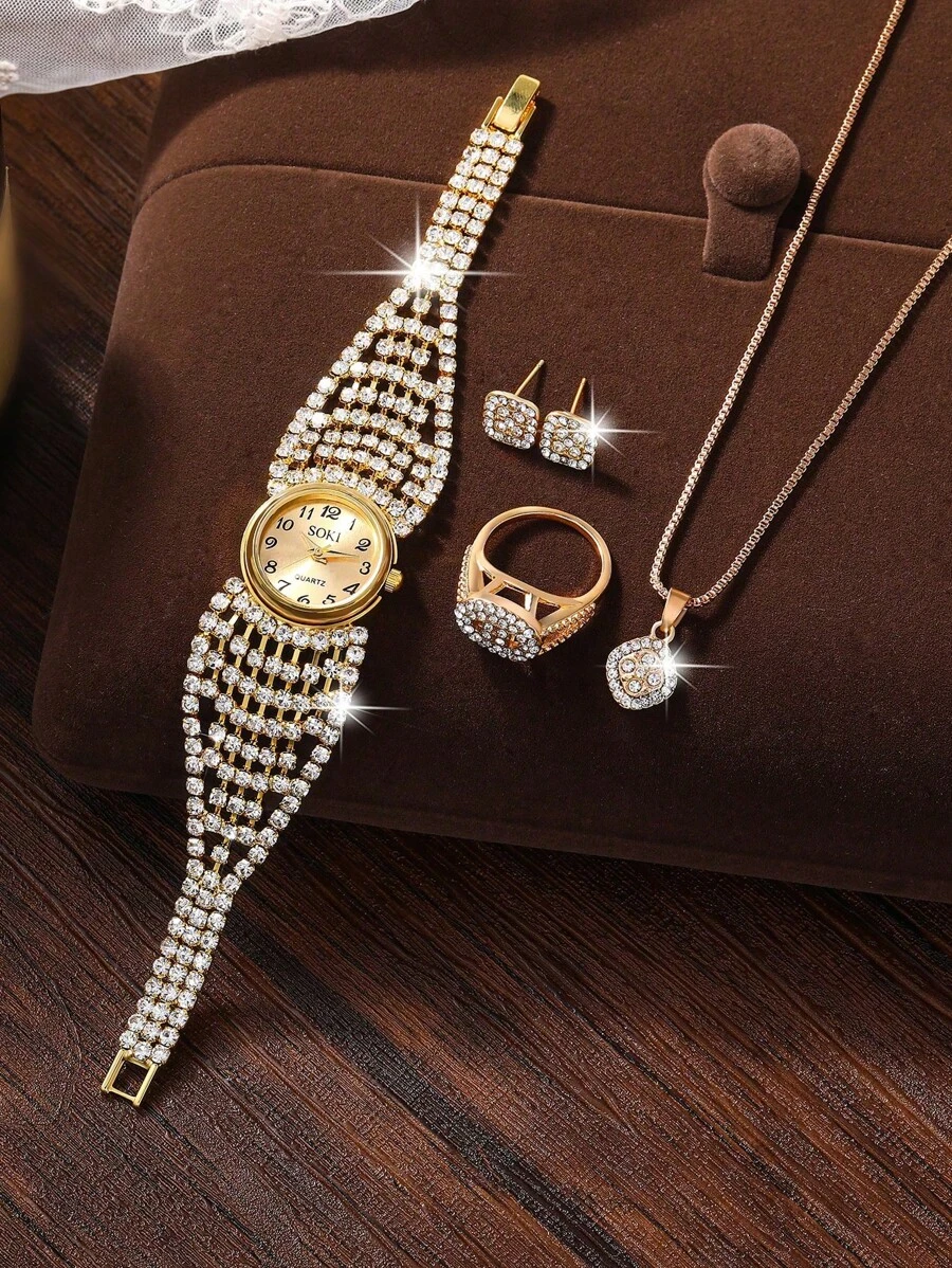 SOKI SOKI Women's Watch Set, Luxurious And Elegant, Fully Paved With Diamonds, Includes Watch, Zirconia Earrings, Necklace And Ring, Perfect For Parties And Weddings, Also An Excellent Gift - Gold - View 1
