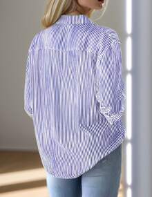 hoteel Women's Button-Up Shirt Striped Classic Long Sleeve Collared Office Work Shirt Top With Pockets - Blue - View 5
