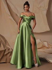 VIPGIRL 绿色露肩高开衩缎面长款晚礼服，优雅派对礼服，女士时尚礼服，正式礼服，婚礼宾客礼服，舞会礼服 - 軍綠色 - 查看 5