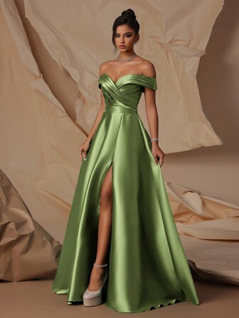 VIPGIRL Green Off-Shoulder High Slit Satin Long Evening Gown, Elegant Party Dress For Women,Women's Fashion Gown,Evening Dress, Wedding Guest Dress, Prom Dress