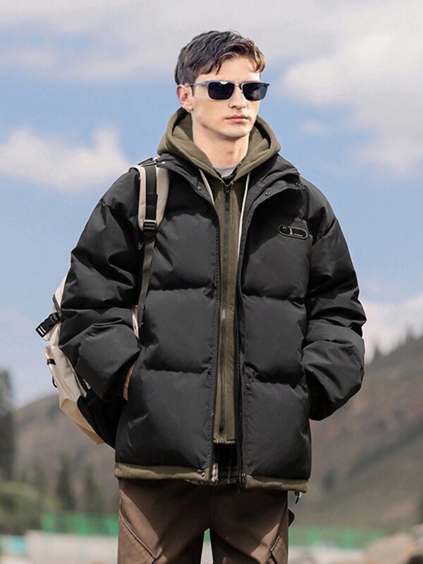 Boyfriend Style Men's Padded Coat, Outdoor Casual Winter Hooded 2 In 1 Loose Shoulder Design
