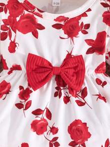 Baby Girl Floral Print Ruffle Trim Long Sleeve Top And Casual Pants Set, Outdoor Leisure For Spring/Autumn - Red - View 5