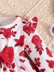 Baby Girl Floral Print Ruffle Trim Long Sleeve Top And Casual Pants Set, Outdoor Leisure For Spring/Autumn - Red - View 4