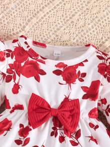 Baby Girl Floral Print Ruffle Trim Long Sleeve Top And Casual Pants Set, Outdoor Leisure For Spring/Autumn - Red - View 3