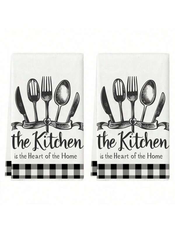 2pcs Simple Black & White Dishcloth, Minimalist Spoon & Fork Pattern Kitchen Towel, Holiday Decorative Hand Towel, Soft Absorbent Drying Cloth, Tea Towel, For Kitchen Decor, Dining Table Decor, Kitchen Supplies, Home Decor, Home Towel Set