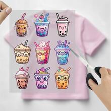 9pcs/Set, Dynamic Cute Cartoon Bubble Tea Pattern Heat Transfer Patches, DIY Washable Garment Decor Stickers For T-Shirt, Clothes, Mask, Jeans, Bag, Etc.