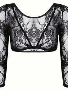 Women Summer Sexy Blouse, Lace Sheer Deep V-Neck Long-Sleeves Tight-Fitting Crop Top For Girls, Black/White - 黑色 - 查看 2