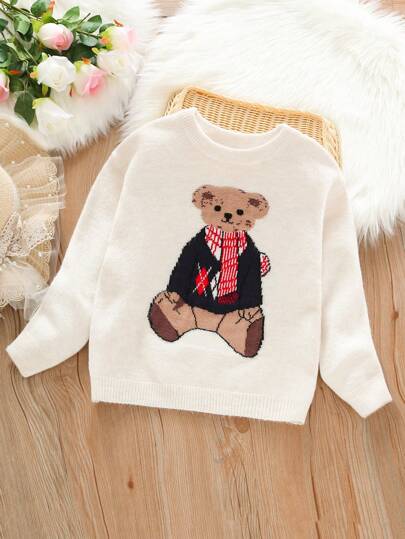 女童毛衣秋冬新款宽松儿童套头针织毛衣可爱卡通熊保暖打底衫圆领超大毛衣外套冬季
