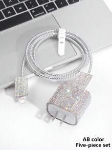 5pcs/Set Rhinestone Decor Charger Cover And Data Cable Protector Set, Charging Adapter Cover Compatible With Apple 18W/20W Fast Charger, Compatible With Iphone 16/15 Series Charger Protector