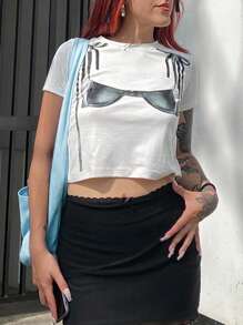 Women Crop Tops Bra Print Short Sleeve Round Neck Casual T-Shirts Summer Slim Fit Shirts Streetwear
