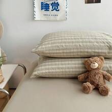 3件绿格子色织被套套件 日式简约风母婴安全级透气舒适柔软吸湿适用居家卧室双人床拉链被套公寓单人床套装 1个被套+2个枕套（不含芯） - 水洗棉 日落綠 - 查看 9