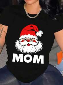 Women Mom Santa Claus Print T-Shirt Cotton- Perfect For Everyday Wear Outdoor Activities - Black - View 1