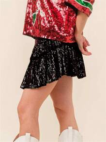 Minifalda de verano para mujer, informal, con lentejuelas brillantes, elástica, estilo A, para playa, vacaciones, club, ropa de calle - Negro - Ver 4