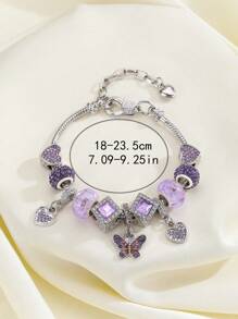 1 pieza Pulsera con cadena de moda moderna para jóvenes, colgante con cristal morado en forma de mariposa, cisne rosa y cuentas de atrapasueños en forma de corazón, regalo lindo para niñas y estudiantes