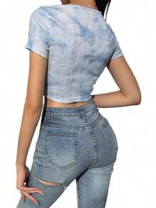 Ladies' Summer Knit Blouse Women's Tie Dye Pattern Short Sleeve Clothes Slim Drawstring Top - Blue - View 3