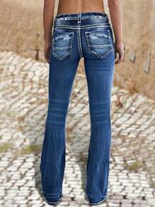 Women's Ripped Denim Flare Pants With Distressed Detailing For Casual And Home Wear - Dark Wash - View 2