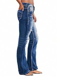 Women's Ripped Denim Flare Pants With Distressed Detailing For Casual And Home Wear - Dark Wash - View 4