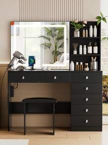 VOWNER Makeup Vanity Desk With Outlets, Large Mirror With Light Bulbs Color & Brightness Adjustable, 6 Drawers For Storage, Come With Stool, For Girls Women - Gương đèn LED đen & 7 ngăn kéo - Xem 7