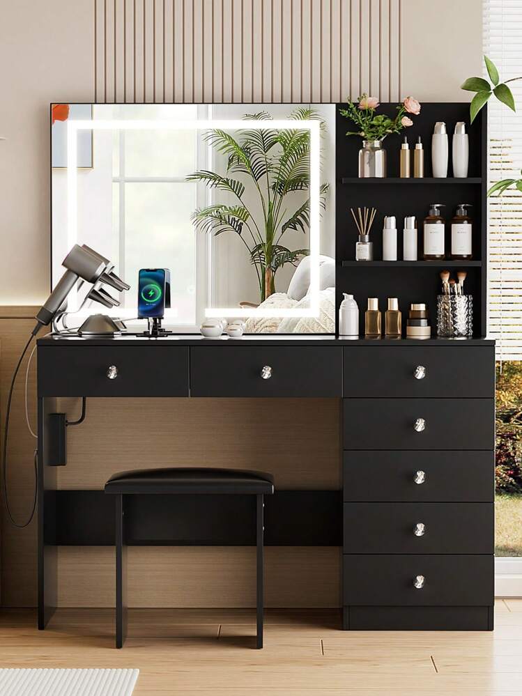 VOWNER Makeup Vanity Desk With Outlets, Large Mirror With Light Bulbs Color & Brightness Adjustable, 6 Drawers For Storage, Come With Stool, For Girls Women - Gương đèn LED đen & 7 ngăn kéo - Xem 7