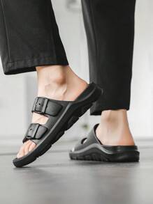 Men's Thick Sole Flat Non-Slip Buckle Strap Slide Sandals - Black - View 5