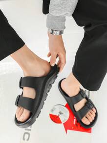 Men's Thick Sole Flat Non-Slip Buckle Strap Slide Sandals - Black - View 4