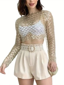 Women Mesh Pearl Crop Top Glitter Rhinestone Sequin Long Sleeve T-Shirt See Through Sheer Blouse Shirt Tops Clubwear - Gold - View 1